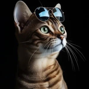 Photographie d'un chat Bengal portant des lunettes de soleil sur le haut de la tête
