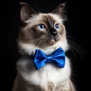 Photographie d'un chat Sacré de Birmanie portant un élégant nœud papillon bleu