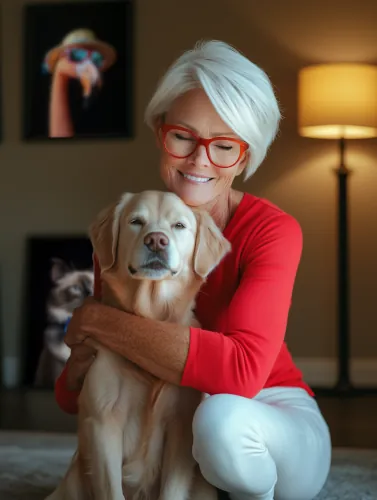 Photographie de l'artiste Emily Rivers devant ses œuvres d'art