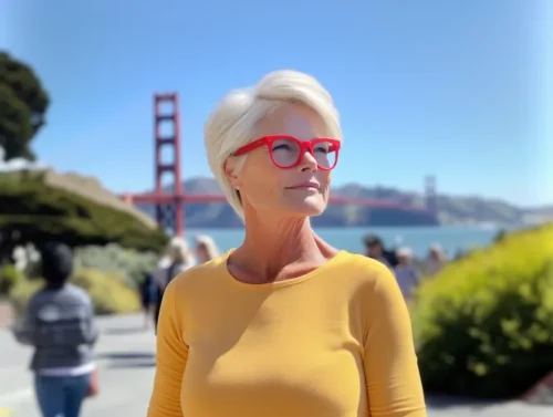 Photographie de l'artiste Emily Rivers devant le Golden Gate Bridge