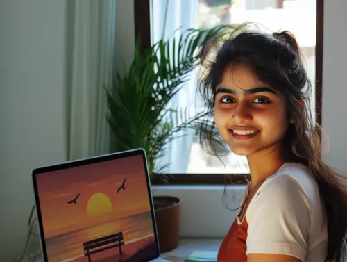 Photographie de l'artiste Ananya Sharma devant son ordinateur affichant une de ses œuvres