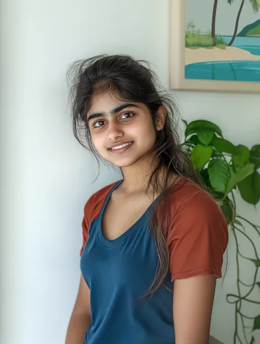 Photographie de l'artiste Ananya Sharma devant un tableau d'une de ses œuvres