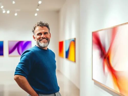 Photographie de l'artiste Björgvin Jónsson dans une galerie d'art devant ses œuvres