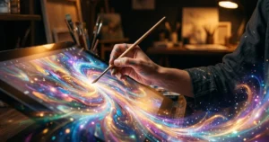 Main tenant un pinceau réalisant une œuvre d'art en IA qui semble sortir de sa tablette