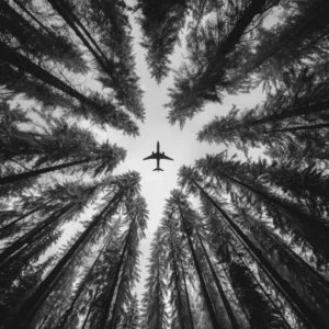 Photographie en noir et blanc d'un avion dans le ciel, vu du dessous, avec des pins tout autour