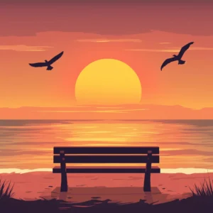 Dessin vectoriel d'un banc devant l'océan au coucher de soleil