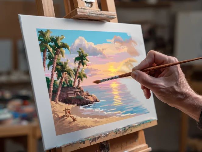 Une main peignant un tableau en forme de pixel art sur un trépied en bois