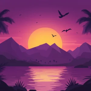 Dessin vectoriel d'un coucher de soleil derrière des montagnes devant un lac avec des oiseaux volants dans le ciel