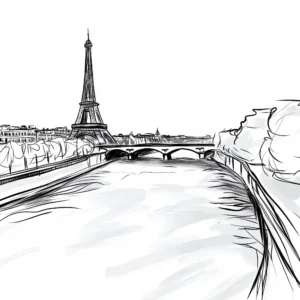 Dessin minimaliste de la Tour Eiffel et de la Seine