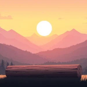 Dessin vectoriel d'un tronc d'arbre devant un coucher de soleil à la montagne