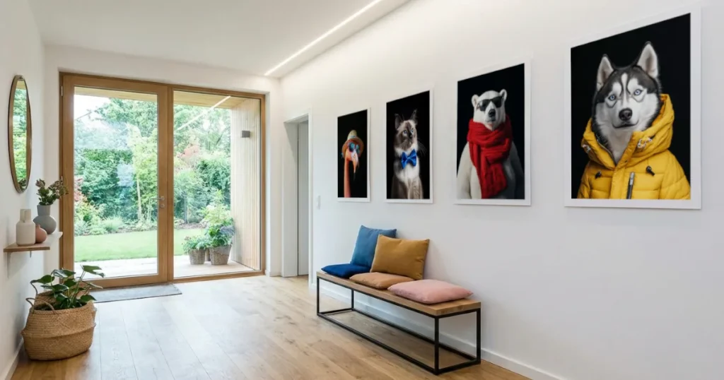 Photographie d'une entrée moderne avec quatre tableaux de Galerie Digitale exposés