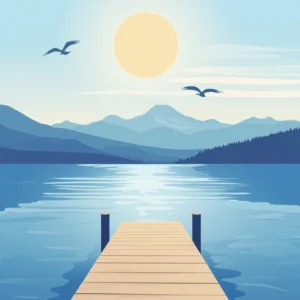 Dessin vectoriel d'un ponton d'un lac paisible avec des montagnes au fond, le soleil et deux oiseaux passant au dessus