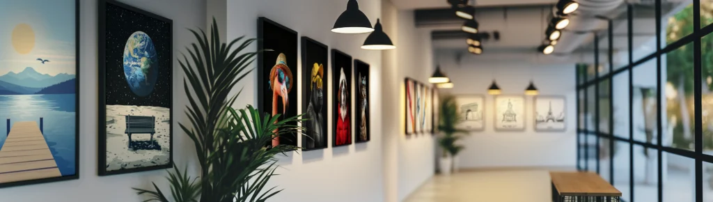 Photographie d'un hall de notre galerie digitale avec nos œuvres accrochées au mur