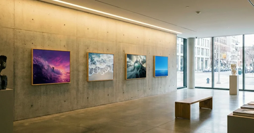 Quatre tableaux de Galerie Digitale sur le thème de la mer exposé dans une galerie d'art moderne