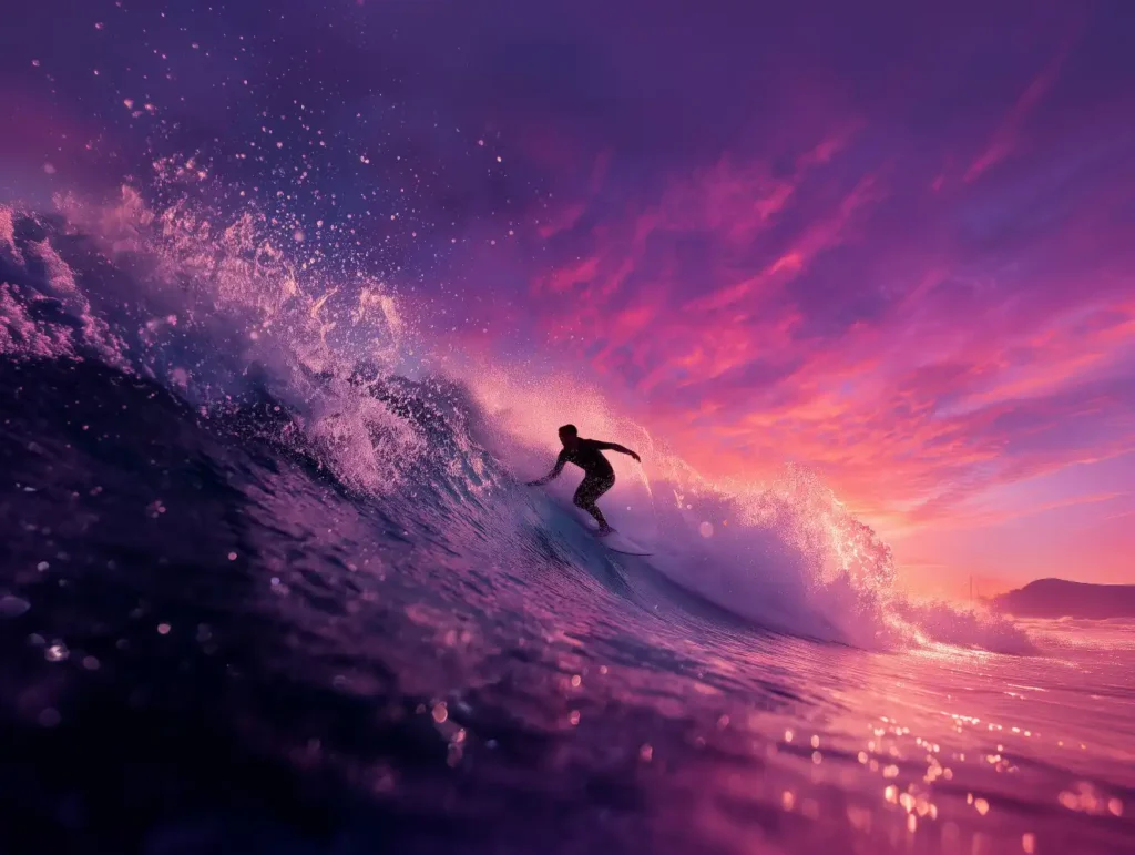 Photographie d'un surfeur sur une vague avec un ciel rose éclatant