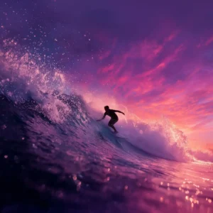 Photographie d'un surfeur sur une vague avec un ciel rose éclatant