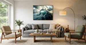 Photographie d'un tableau de Galerie Digitale représentant une sublime vague exposé dans un salon