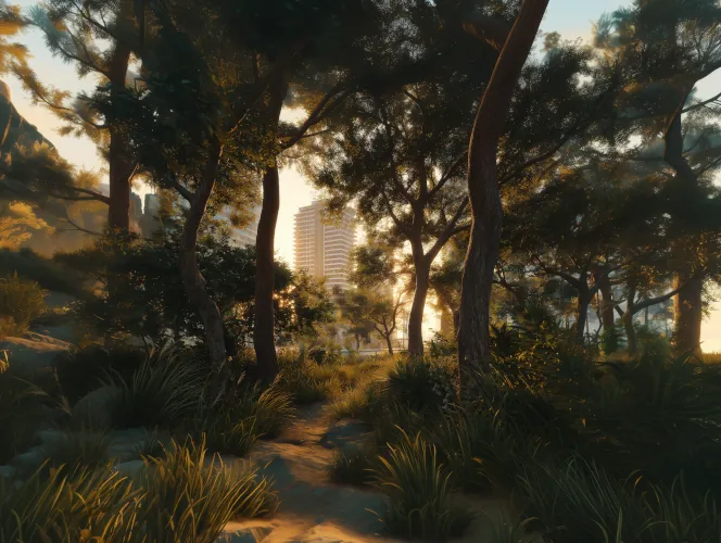 Une forêt au coucher de soleil à travers laquelle on aperçoit un immeuble au fond