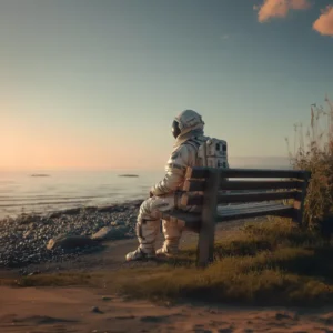 Photo surréaliste d'un astronaute assis sur un banc devant la mer au coucher de soleil