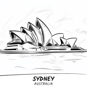 Dessin minimaliste de l'Opéra de Sydney en noir et blanc