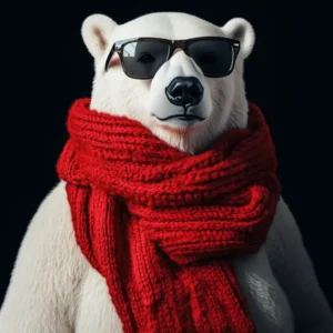 Portait d'un ours polaire avec une belle écharpe rouge et des lunettes de soleil