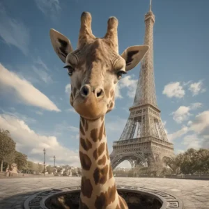 Photographie humoristique d'une tête de girafe sortant son cou depuis une bouche d'égout devant la Tour Eiffel