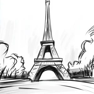 Dessin minimaliste de la Tour Eiffel en noir et blanc