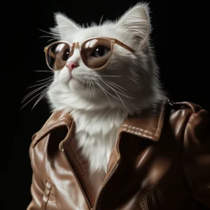 Photographie d'un chat blanc portant un blouson de cuir beige et des lunettes beiges