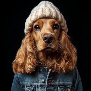 Portrait d'un cocker sur fond noir portant un bonnet et une veste en jean