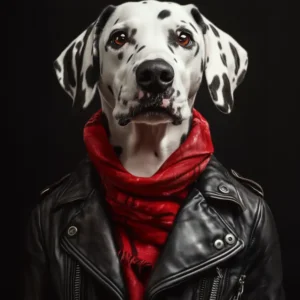 Portrait d'un dalmatien sur fond noir vêtu d'un blouson en cuir et d'un foulard rouge