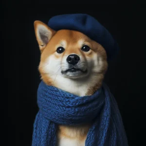 Photographie en portrait d'un Shiba Inu portant un béret et une écharpe bleue sur un fond noir