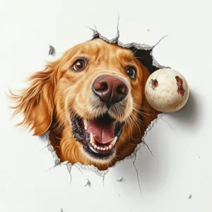 Photographie d'un golden retriever qui semble sortir du mur qui se fissure en essayant d'attraper sa balle.