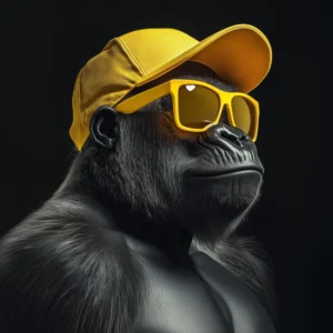 Photographie d'un gorille portant une casquette et des lunettes jaunes vives