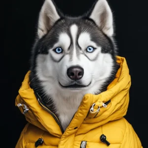 Photographie en portrait d'un Husky portant un blouson d'hiver jaune sur un fond noir