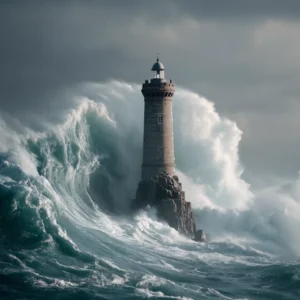 Photographie d'un phare avec une vague énorme qui semble s'écraser sur lui