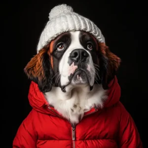 Portrait d'un Saint Bernard vêtu d'un manteau rouge vif et d'un bonnet blanc sur fond noir
