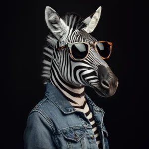 Portait d'un zèbre sur fond noir vêtu d'une veste en jean et de lunettes de soleil