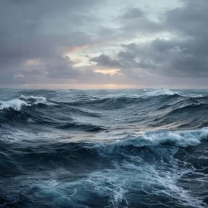 Photographie de l'océan avec des vagues agitées et une lumière dorée à l'horizon