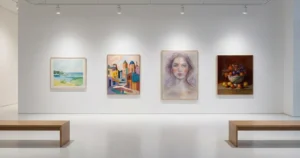 Différents styles de peintures exposés dans une galerie d'art