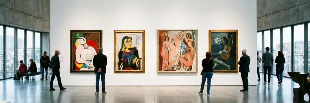 Quatre tableaux de Pablo Picasso exposés dans une galerie d'art