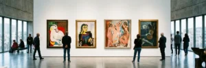 Quatre tableaux de Pablo Picasso exposés dans une galerie d'art