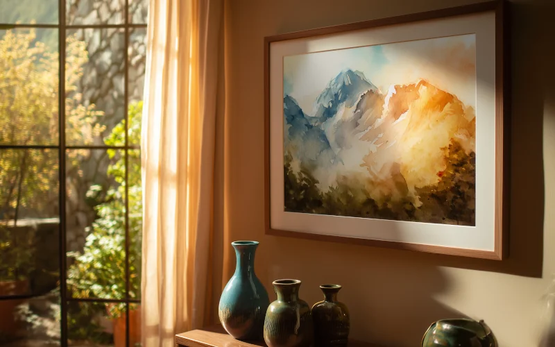 Une technique différente de peinture : un tableau à l'aquarelle exposé dans un salon