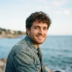 Portrait de l'artiste Enric Quintana avec la mer en fond