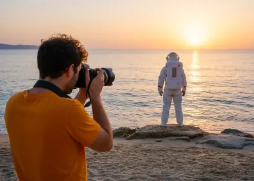 Portrait de l'artiste Enric Quintana prenant une photo d'un astronaute de dos