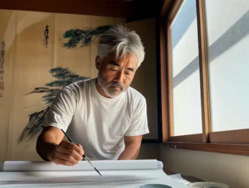 Photographie de l'artiste Satoshi Takahashi en train de peindre une œuvre dans son atelier