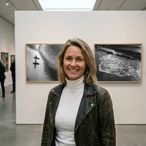 Portrait de l'artiste Sigrid Voll exposant ses œuvres dans une galerie d'art