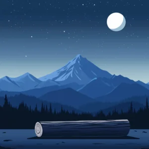 Dessin vectoriel d'un tronc d'arbre devant des montagnes lors d'une nuit paisible laissant admirer une pleine lune