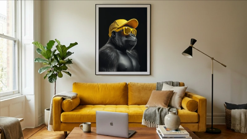 Tableau d'un portrait d'un gorille avec sa casquette et ses lunettes jaunes exposé dans un salon au dessus d'un canapé jaune