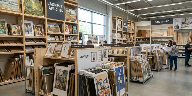 Tableaux et posters disponibles dans un rayon d'un magasin de bricolage