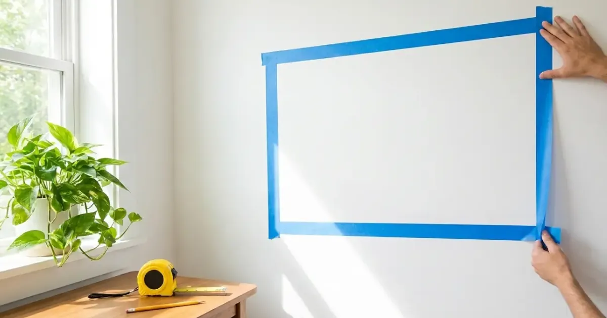 Photographie de mains posant du ruban de masquage sur un mur afin de savoir si le tableau ou le poster sera à la bonne taille